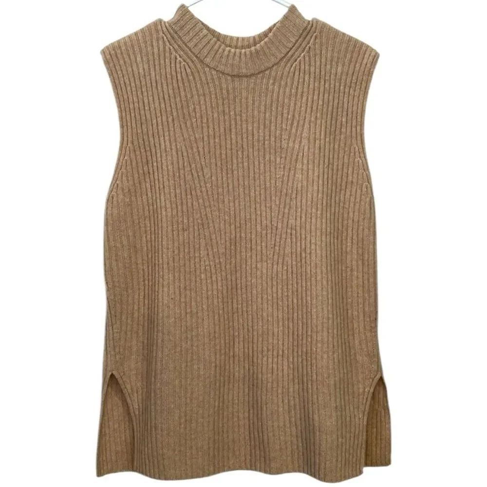 Vince Women Cashmere Wool Sleeveless Ribbed Tunic Sweater tan cream size large